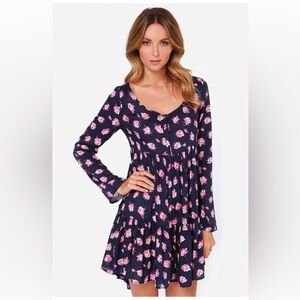 *Volcom Nevermore Navy Floral Button Up Long Sleeve Babydoll Dress #LW